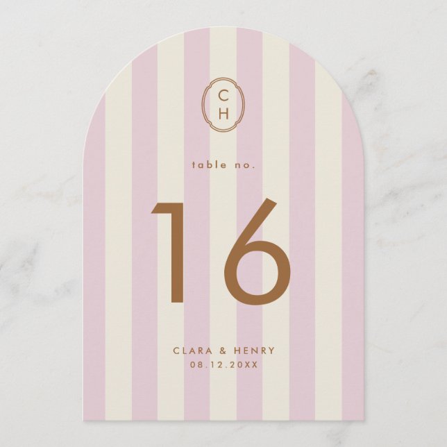 Rosa randig utstansad monogram bordskort (Framsida)