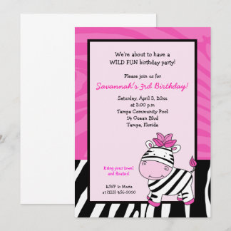 Rosa randig zebra 5x7 födelsedagsinbjudan inbjudningar
