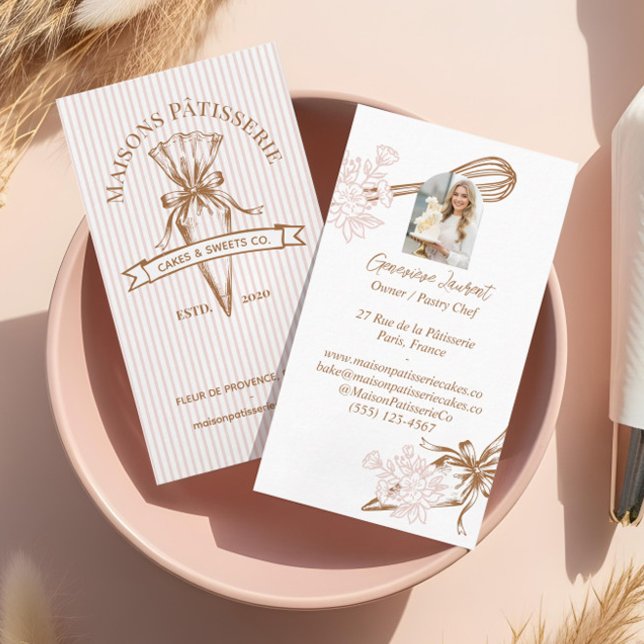 Rosa randiga blommiga bakredskap pastrikonditori  visitkort (Pink Stripe Floral Baking Utensils Pastry Bakery Business Card)