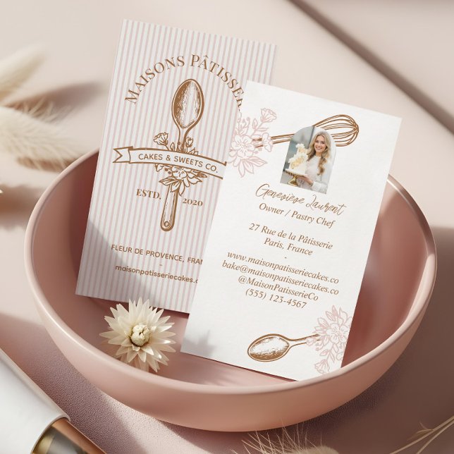 Rosa randiga blommiga skedspastakakor bagerichef visitkort (Pink Stripe Floral Spoon Pastry Cakes Bakery Chef Business Card)