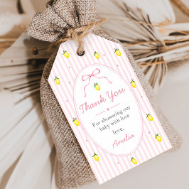 Rosa randiga citron baby shower presentetikett