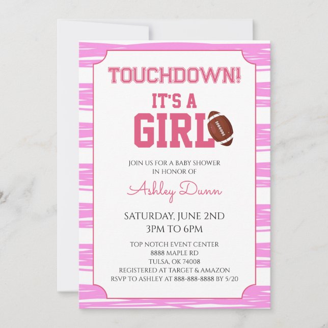 Rosa randiga fotboll baby shower inbjudningar (Framsida)