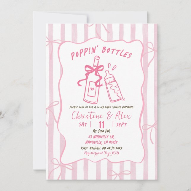 Rosa randiga handritad Poppin-flaskor Baby Shower Inbjudningar (Framsida)
