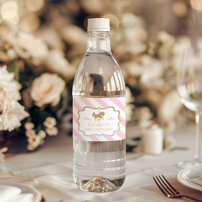 Rosa randiga karusell-tema etiketter för vattenfla (Pink Stripe Carousel Themed Water Bottle Labels)