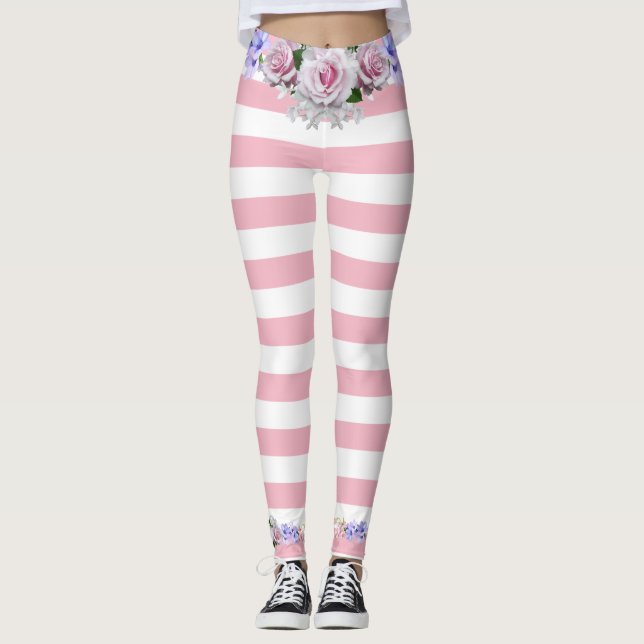 Rosa randiga leggings med rosor (Framsida)