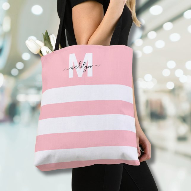 Rosa randigt namnmonogram tygkasse (Blush Pink Stripes Name Monogrammed Tote Bag)