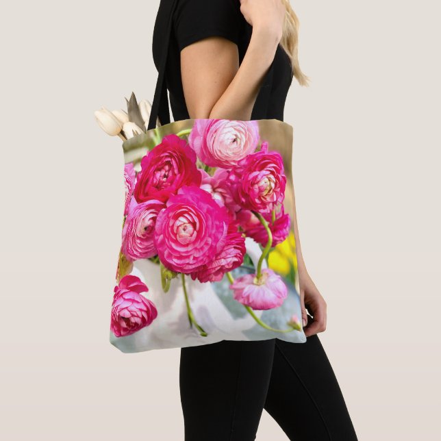 Rosa Ranunculus Flowers Tote Bag Tygkasse (Närbild)