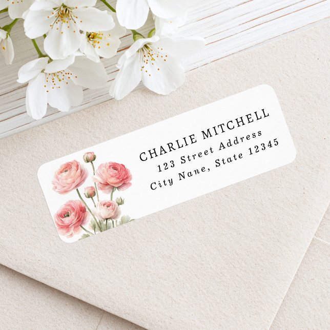Rosa ranunculusblomma målning returadress etikett (Pink ranunculus flower painting return address label)