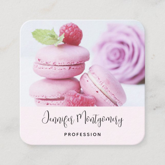 Rosa Raspberry Macarons Fransk Pastry Fyrkantigt Visitkort (Framsida)