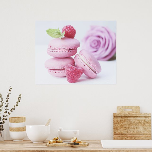 Rosa Raspberry Macarons Fransk Pastry Photo Poster (Kök)