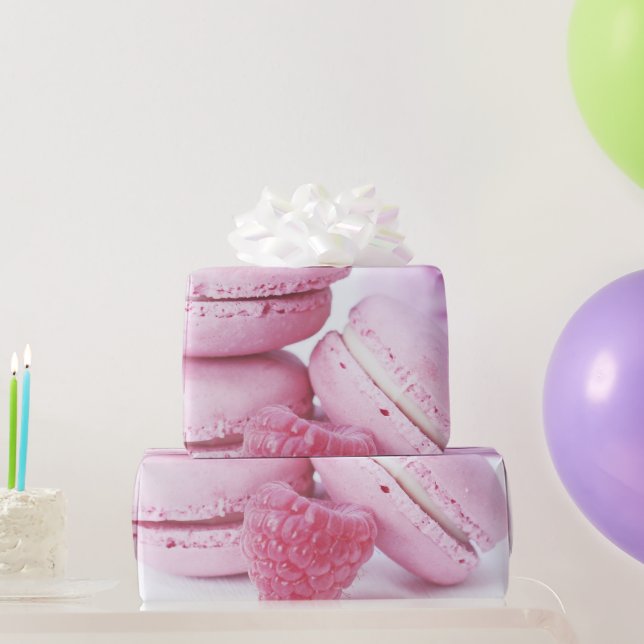 Rosa Raspberry Macarons Fransk Pastry Photo Presentpapper (Festgåvor)