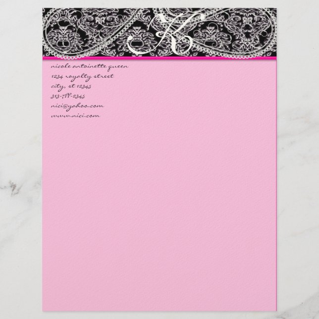 Rosa Raspberry Monogram Letterhead Black Paisley Brevhuvud (Framsida)