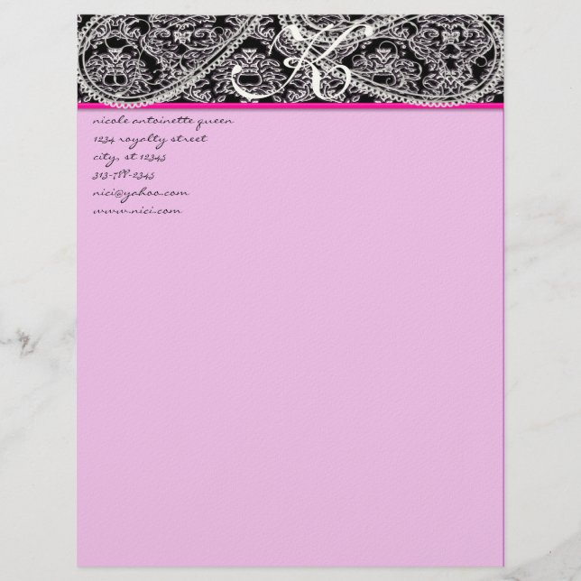 Rosa Raspberry Monogram Letterhead Black Paisley Brevhuvud (Framsida)