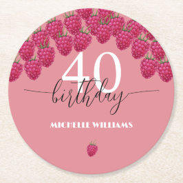Rosa Raspberry Watercolor Art Calligraphy Birthday Underlägg Papper Rund