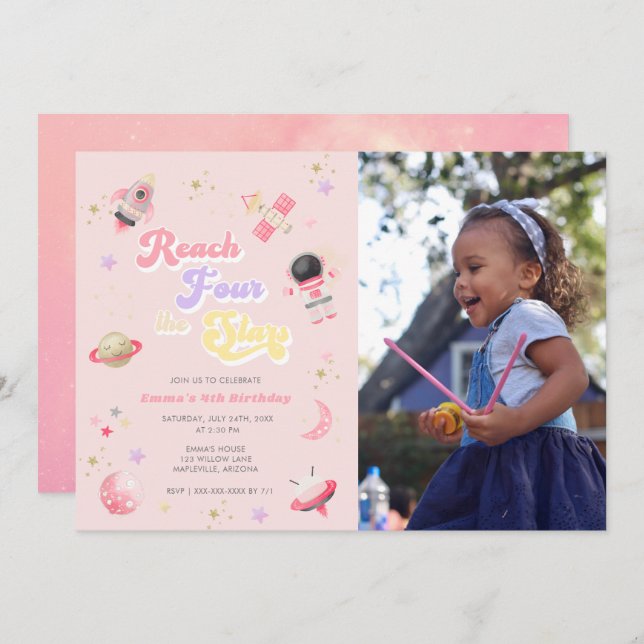 Rosa Reach Four the Stars 4e födelsedagen bjudande Inbjudningar (Fram/baksida)