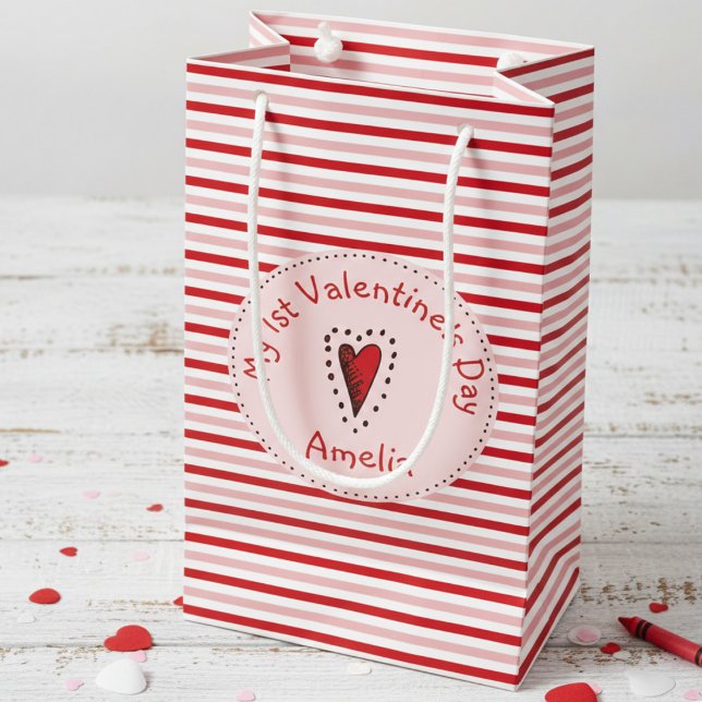 Rosa Red and White Rand Babys First Valentine (Cute Trendy My 1st Valentine's Day Gift Bags for Baby Girl. Modern Red Pink Stripes Pattern for Kids)