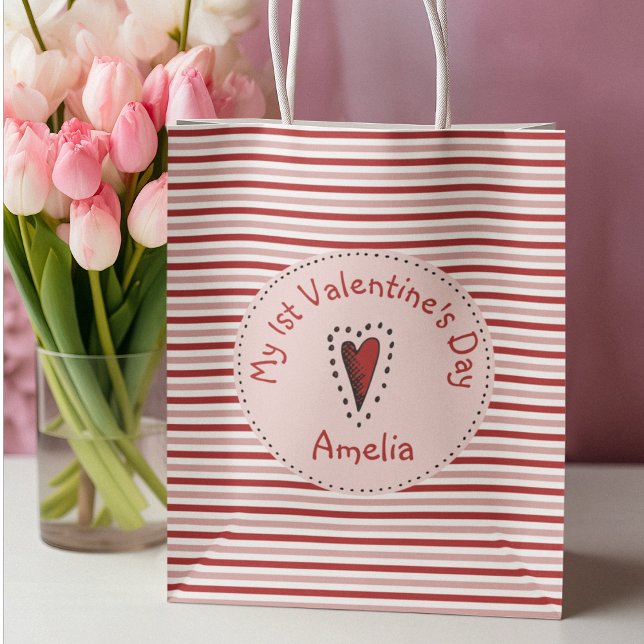 Rosa Red and White Rand Babys First Valentine (Cute Baby's First Valentine's Day Gift Bag. Editable Text. Modern Pink and Red Stripes Pattern.)