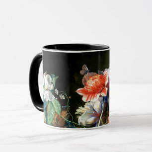 ROSA RED ANEMONES WHITE FLOWERS,BUTTERFLY IN BLACK MUGG