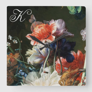 ROSA RED ANEMONES WHITE FLOWERS,BUTTERFLY MONOGRAM FYRKANTIG KLOCKA