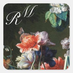 ROSA RED ANEMONES WHITE FLOWERS,BUTTERFLY MONOGRAM FYRKANTIGT KLISTERMÄRKE