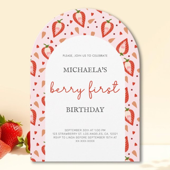 Rosa Red Berry First Birthday Arch Inbjudningar (Skapare uppladdad)