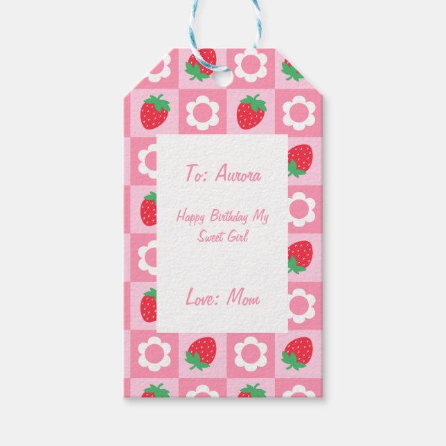 Rosa & Red Berry Märkre om första födelsedag Presentetikett (Framsidan)