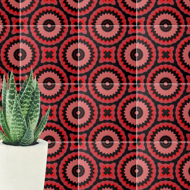 Rosa Red Black Boho Ethnic Geometric Mönster Kakelplatta (Skapare uppladdad)