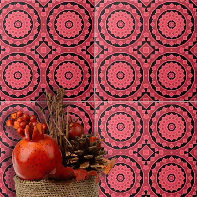 Rosa Red Black Ethnic Moroccan Mosaic Mönster Kakelplatta (Skapare uppladdad)