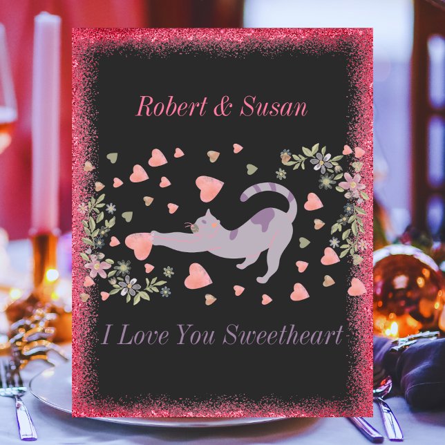 Rosa Red Black Heart Funny Cute Cat Valentines day Julkort (Skapare uppladdad)