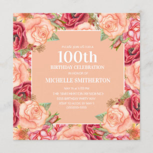 Rosa Red Blommigt 100:e Födelsedagsfesten Kvinnor Inbjudningar