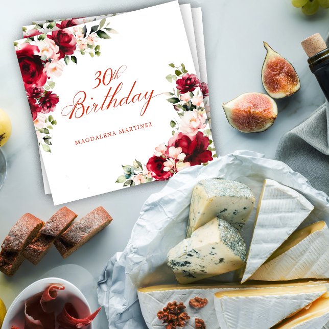 Rosa Red Blommigt 30års födelsedag Anpassningsbar  Pappersservett (Skapare uppladdad)
