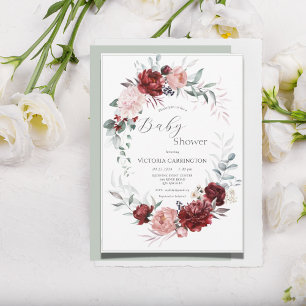 Rosa & Red Blommigt Flicka Modern Baby Shower Inbjudningar