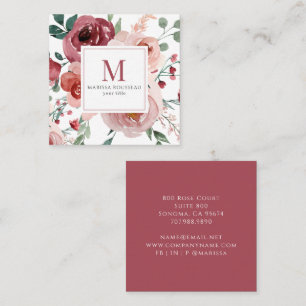 Rosa Red Blommigt Monogram Affärskort Fyrkantigt Visitkort
