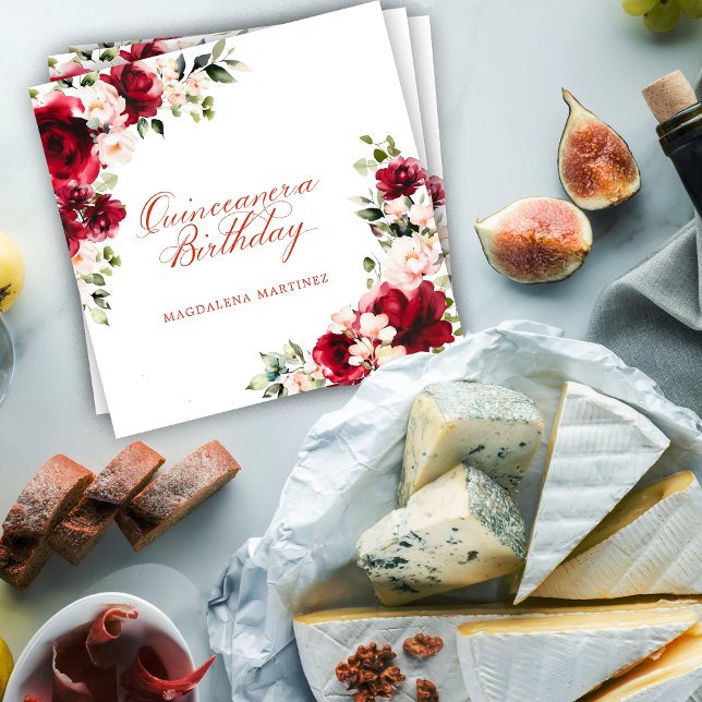 Rosa Red Blommigt Quiceanera Birthday Personlig Pappersservett (Skapare uppladdad)