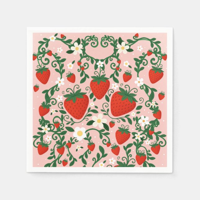 Rosa & Red Blommigt Vines Strawberry Stickers Pappersservett (Framsidan)