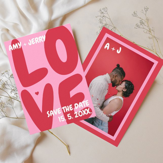 Rosa Red Bold Vibrant Unique Valentine Day Photo Spara Datumet (pink red save the date photo)