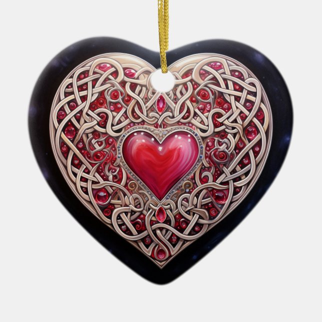 Rosa Red Celtic Knot Heart Julgransprydnad Keramik (Framsidan)