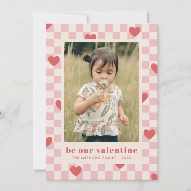 Rosa Red Checkerboard Hearts Valentine Day Card Inbjudningar (Framsida)