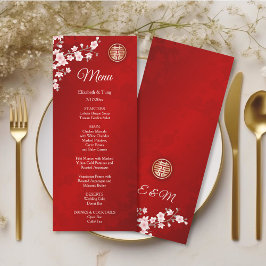 Rosa Red Cherry Blommar Chinese Bröllop Menu Card Inbjudningar