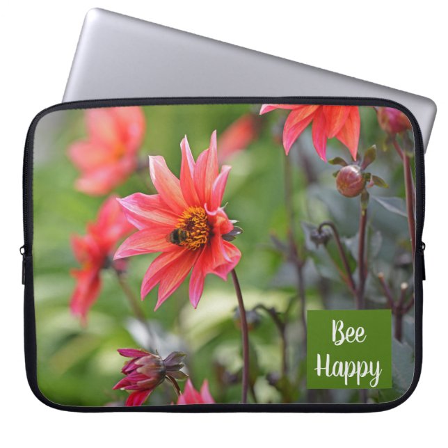 Rosa & Red Dahlia Bee Lycklig Flowers Motivational Laptop Fodral (Framsidan)