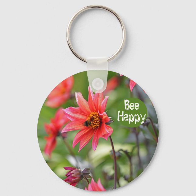 Rosa & Red Dahlia Bee Lycklig Flowers Motivational Nyckelring (Framsida)