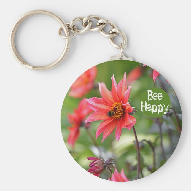 Rosa & Red Dahlia Bee Lycklig Flowers Motivational Nyckelring (Framsidan)