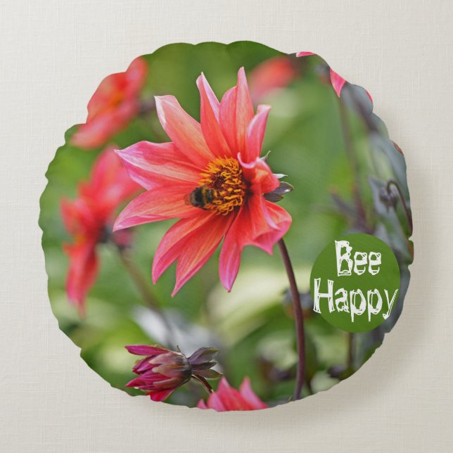 Rosa & Red Dahlia Bee Lycklig Flowers Motivational Rund Kudde (Framsidan)