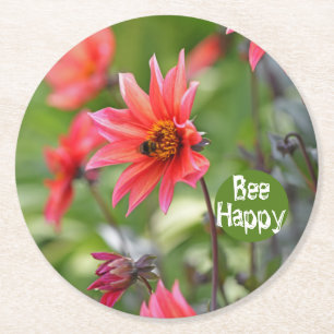 Rosa & Red Dahlia Bee Lycklig Flowers Motivational Underlägg Papper Rund