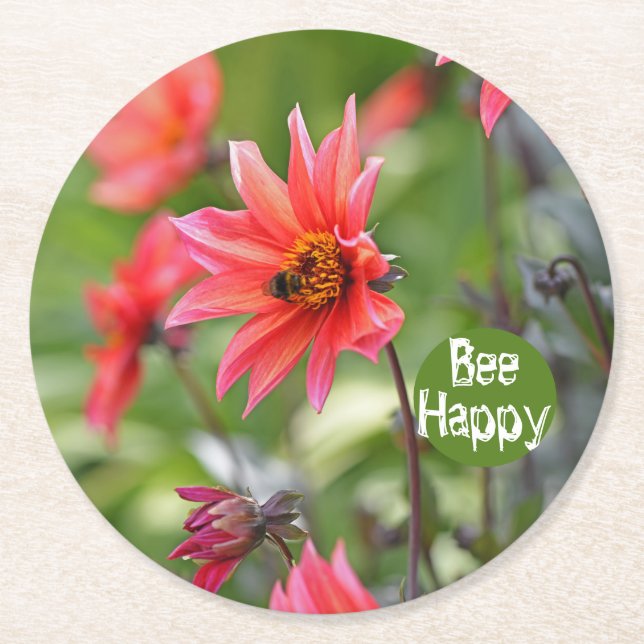 Rosa & Red Dahlia Bee Lycklig Flowers Motivational Underlägg Papper Rund (Framsidan)