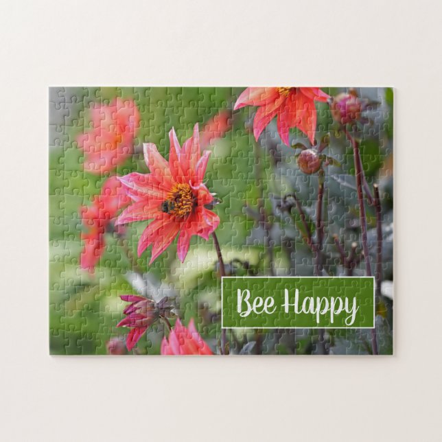 Rosa & Red Dahlia Garden Flowers Bee Lycklig Puzzl Pussel (Horisontell)