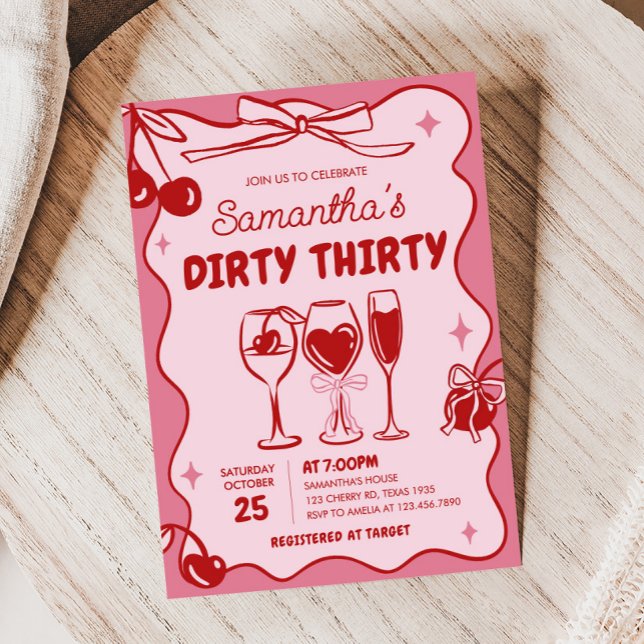 Rosa Red Dirty 30 Födelsedagsfester Inbjudningar (Hand Drawn Cherry Dirty Thirty Birthday Party Invitation)