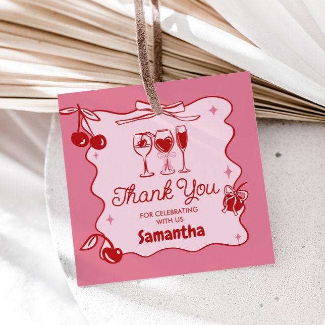 Rosa Red Dirty Trettio Födelsedagsfester Square Gåvor Etiketter (Hand Drawn Cherry Dirty Thirty Birthday Party Favor Tags)