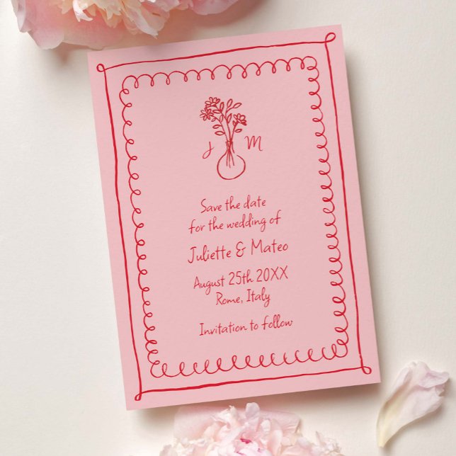 Rosa-Red Doodle Scribble Ramar Spara datum Spara Datumet (pink, quirky, hand-drawn frames save the date card)