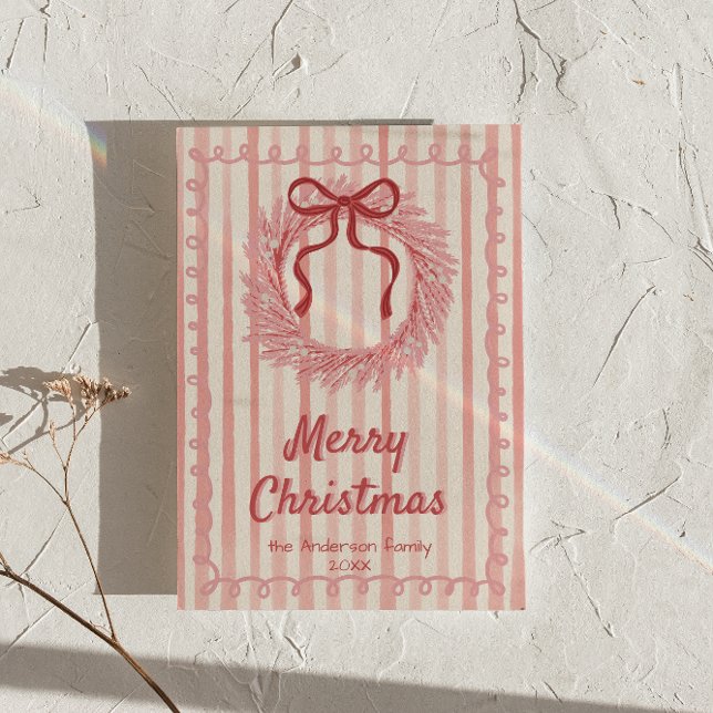 Rosa Red Drawn Wand Bow Jul Non Photo Julkort (Skapare uppladdad)